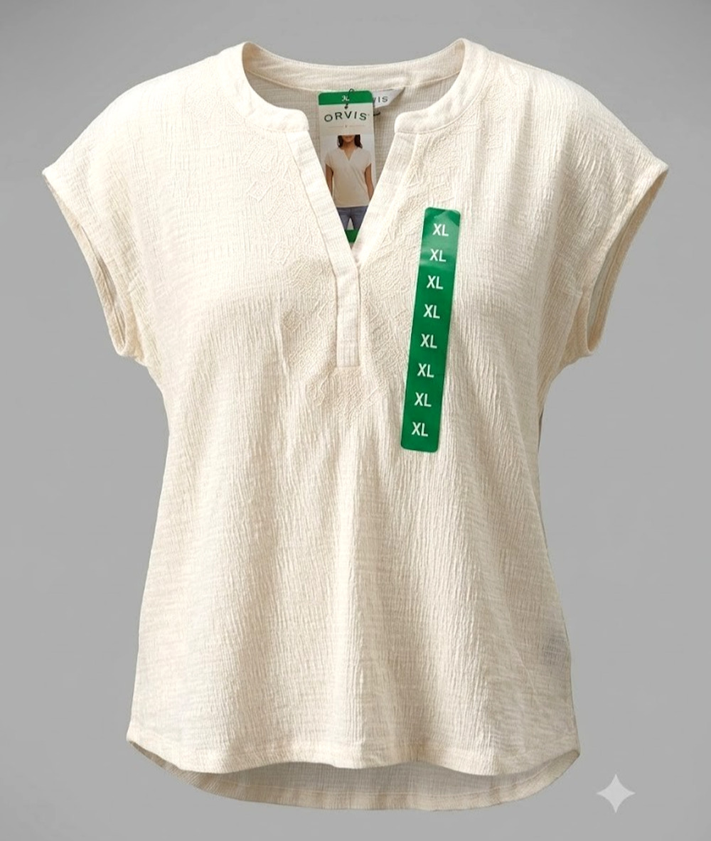 New With Tags Orvis Women's Short Sleeve Embroidered Split Neck Top - Size XL